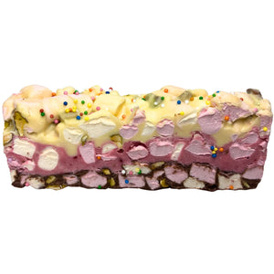 Poppy’s Chocolate limited edition Neapolitan rocky road with milk chocolate base, strawberry white chocolate layer, white chocolate topping, pistachios, mini vegan marshmallows, and 100s & 1000s sprinkles