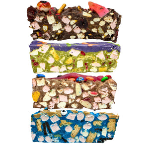 Poppy’s Chocolate Halloween Rocky Road bundle featuring Bikkie Monster, Graveyard, Trick or Treat and Wicked Witch, four limited-edition chocolate creations with colourful lollies, marshmallows, biscuits, fruit, ube and matcha.