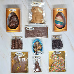 An assortment of Poppys Chocolates. The selection includes various Easter Chocolates from Easter Eggs to Easter Bunnies.