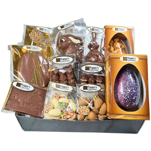 An assortment of Poppys Chocolates in Poppy's Black Hamper Box. The selection includes various Easter Chocolates from Easter Eggs to Easter Bunnies.