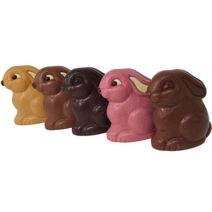 Poppy's Chocolate Sitting Bunny in Caramel, Milk, Dark, Ruby, and Mylk.