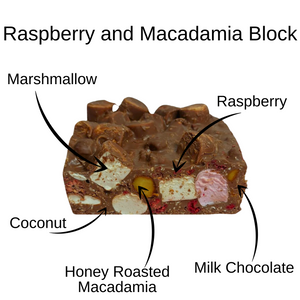 An image of Rocky Road with Raspberry, Macadamia, and Milk Chocolate ingredients.