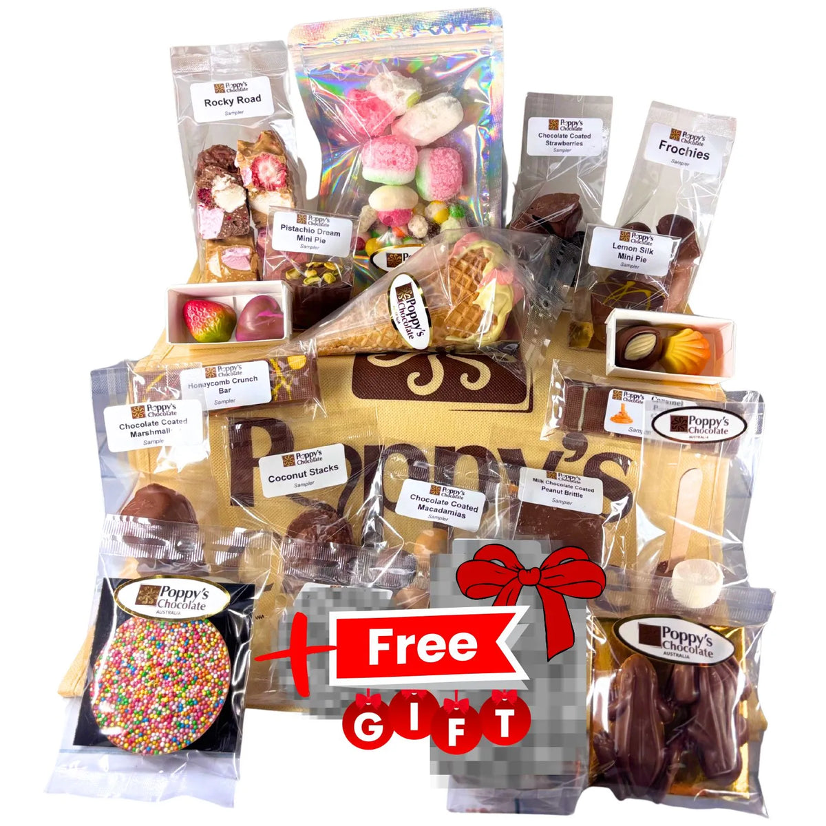 Poppy's Deluxe Show Bag featuring the exclusive handcrafted Chocolate Strawberry Sundae Waffle Cone alongside a selection of chocolate samples and gourmet treats.