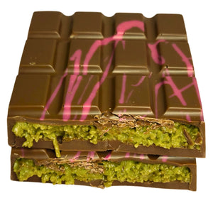 Milk Chocolate bar with pistachio and coconut filling.