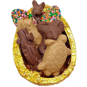 Poppy's Chocolate Milk Chocolate Half Easter Egg with Animals and Car Luxury Handmade Easter Chocolate