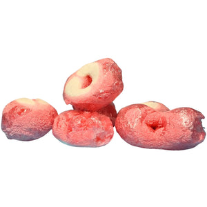 Poppy’s Chocolate freeze-dried sour strawberry ring lollies served as a fun crunchy snack