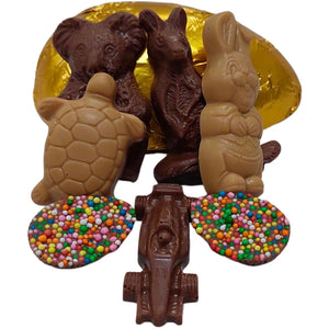 Poppy's Chocolate Milk Chocolate Half Easter Egg with Animals and Car Luxury Handmade Easter Chocolate