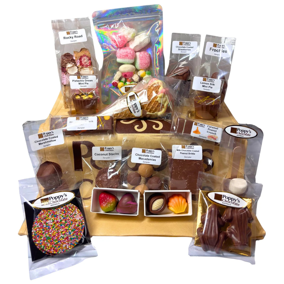 Poppy's Deluxe Show Bag featuring the exclusive handcrafted Chocolate Strawberry Sundae Waffle Cone alongside a selection of chocolate samples and gourmet treats.