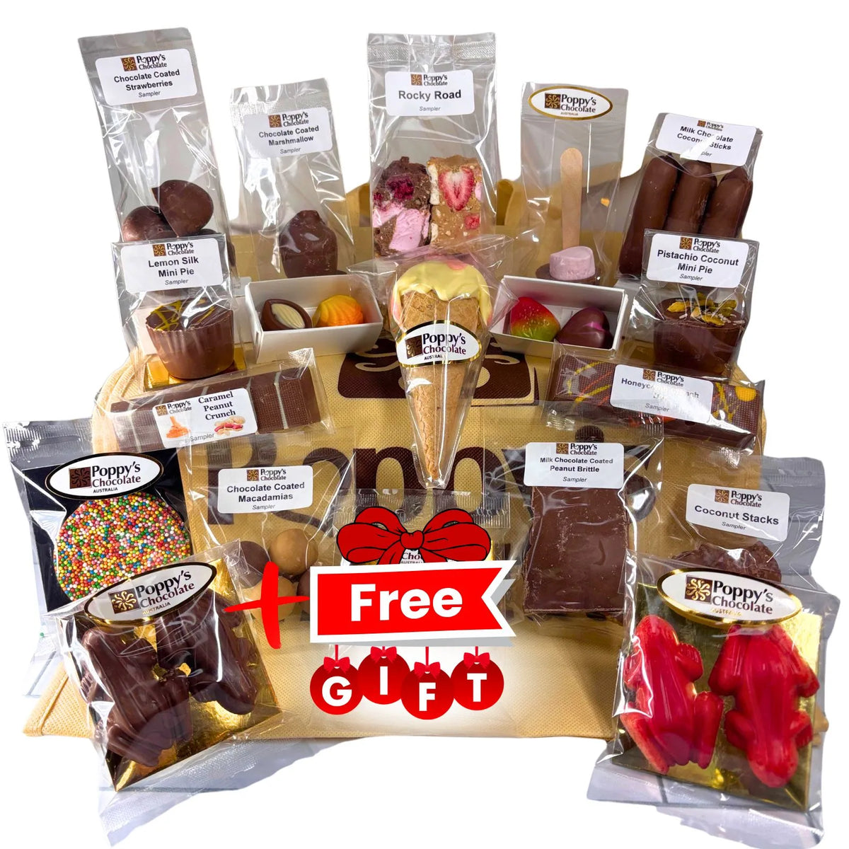 Poppy's Gluten Free Show Bag packed with gluten-free chocolate samples, Strawberry Sundae Cone, rocky road, chocolate-coated strawberries, gourmet treats, and a tote bag.