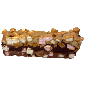 Poppy’s Chocolate limited edition three-layer rocky road featuring milk chocolate with crushed Tim Tams and macadamia nuts, dark chocolate center, and caramel chocolate mixed with Biscoff biscuits and marshmallows
