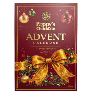 Poppy’s Chocolate Christmas Advent Calendar featuring 24 numbered doors in a luxurious hard case