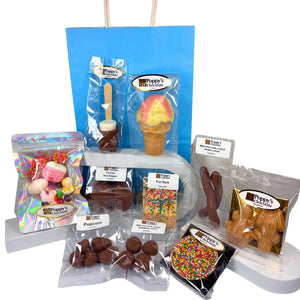 Poppy's Junior Show Bag features our exclusive handcrafted Chocolate Strawberry Sundae Waffle Cone for Kids and filled with chocolate samples, lollies, caramel popcorn, hot chocolate stick, chocolate frogs, fun bark, and sweet treats for kids.