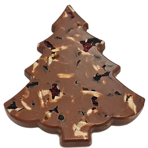 Nutcracker’s Delight chocolate tree viewed at a low angle on a white background.