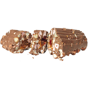 Rocky Road Christmas Log with cut slices showing the filling and ridged chocolate exterior.