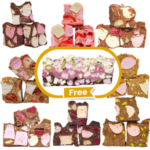 Assorted rocky roads with a free neapolitan rocky road highlighted on a white background