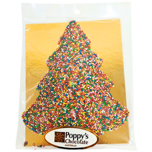Chocolate sprinkle Christmas tree in clear Poppy’s Chocolate packaging with gold backing.