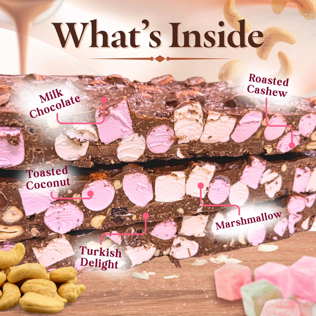 Turkish Delight and Cashews Milk Chocolate rocky road Ingredients