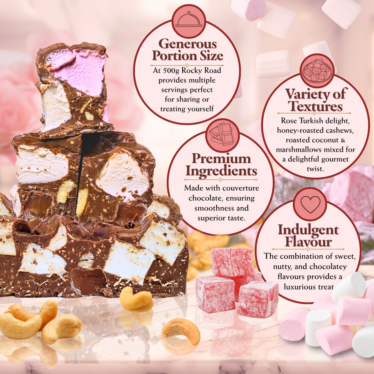 Rocky Road Cashew and Turkish Delight Milk Chocolate Block 500g