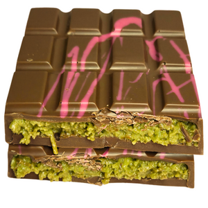 Milk Chocolate bar with pistachio and coconut filling.
