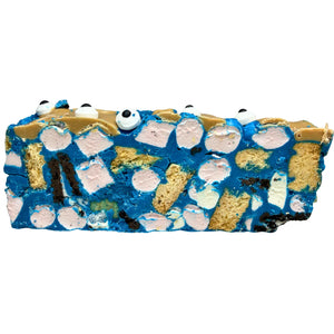Bikkie Monster blue Halloween rocky road with Oreo pieces, shortbread, marshmallows and monster eyes, handcrafted by Poppy’s Chocolate.