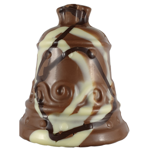 Marbled milk chocolate Christmas bell with cream-coloured swirls and decorative patterns.