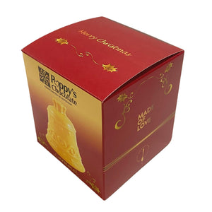 Angled view of the caramel chocolate Christmas bell gift box, showing the front, side and lid.