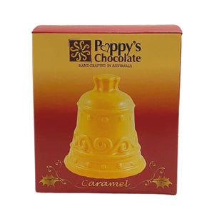 Front view of Poppy’s Chocolate red and gold packaging for the caramel chocolate Christmas bell.