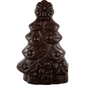 Dark chocolate Christmas tree with moulded festive decorations and presents at the base.