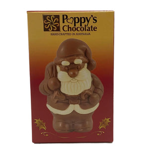 Front view of the gift box for the small chocolate Santa with a bag and stick.
