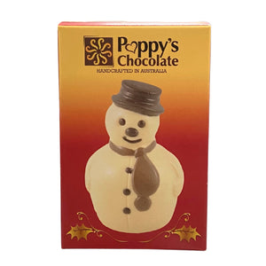 Front of the red and gold snowman gift box featuring a snowman illustration.