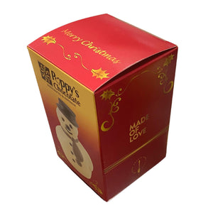 Angled view of the snowman gift box showing the front, side and “Merry Christmas” lid.