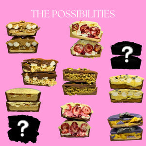 A collage of assorted gourmet chocolate pies, including strawberries and nuts, arranged on a bright pink background with the text 'THE POSSIBILITIES' at the top and two black pies with question marks as a secret