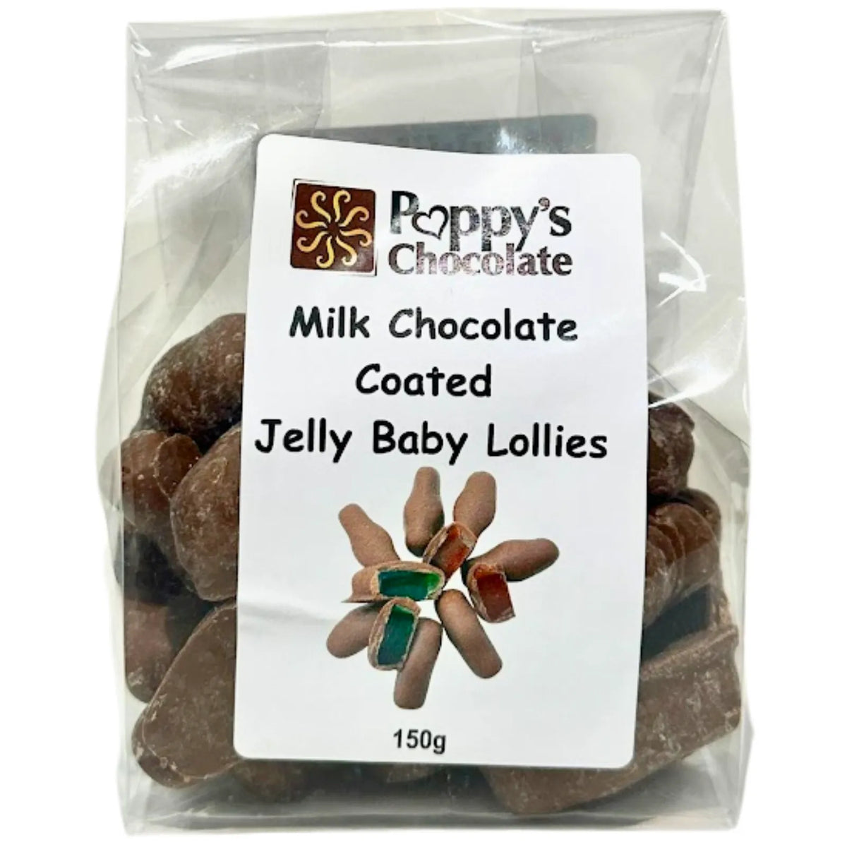Poppy's Chocolate Coated Lollies. Jelly baby Lollies coated in Poppy's Milk Couverture chocolate.