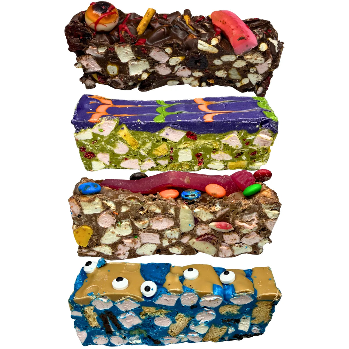 Poppy’s Chocolate Halloween Rocky Road bundle featuring Bikkie Monster, Graveyard, Trick or Treat and Wicked Witch, four limited-edition chocolate creations with colourful lollies, marshmallows, biscuits, fruit, ube and matcha.