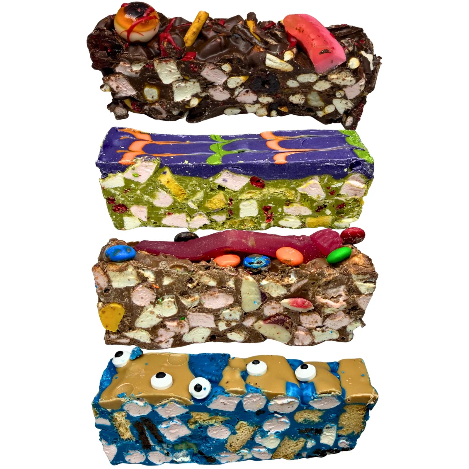 Poppy’s Chocolate Halloween Rocky Road bundle featuring Bikkie Monster, Graveyard, Trick or Treat and Wicked Witch, four limited-edition chocolate creations with colourful lollies, marshmallows, biscuits, fruit, ube and matcha.