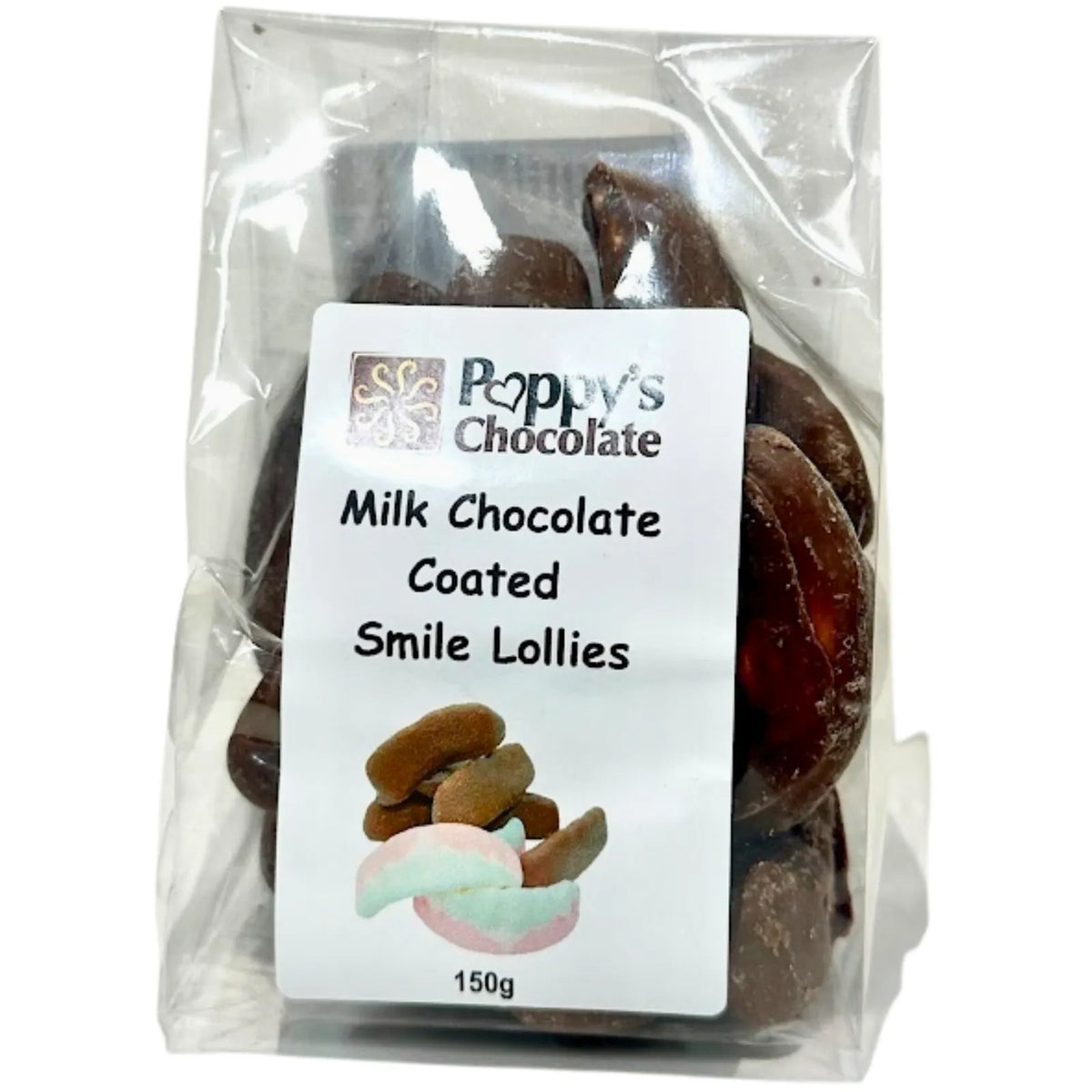Poppy's Chocolate Coated Lollies. Smile Lollies coated in Poppy's Milk Couverture chocolate.