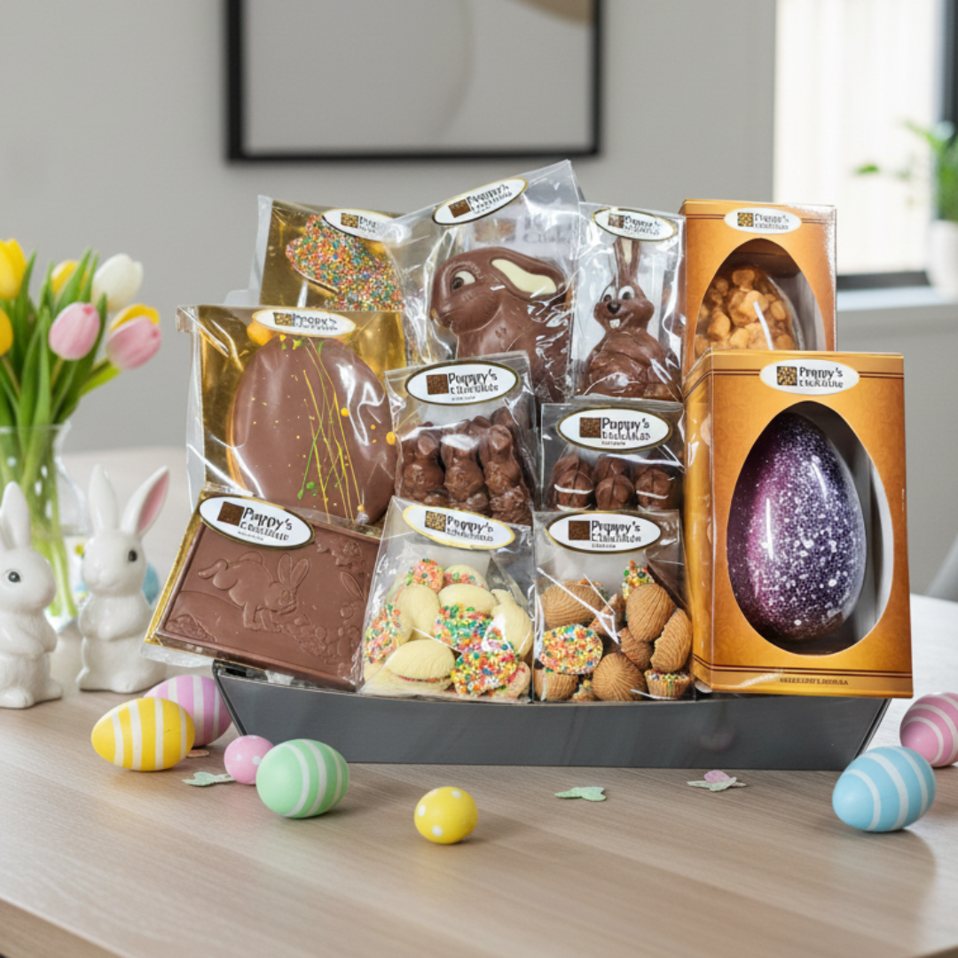 Assorted Easter treats including chocolate eggs and cookies on a table with decorative elements.