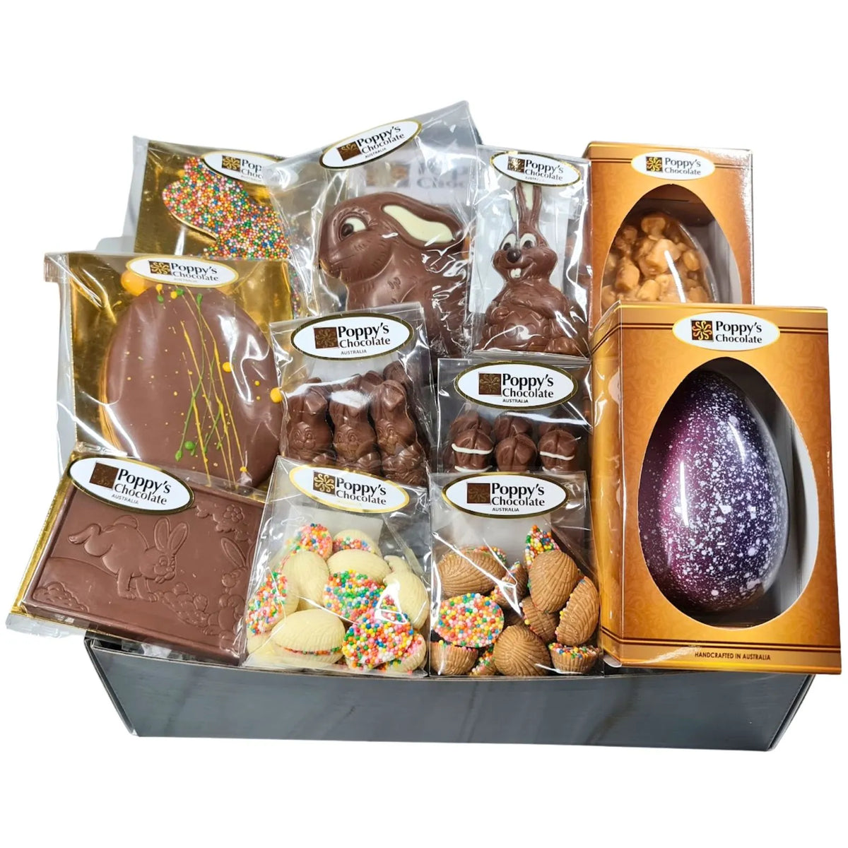 An assortment of Poppys Chocolates in Poppy's Black Hamper Box. The selection includes various Easter Chocolates from Easter Eggs to Easter Bunnies.