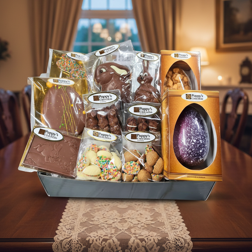 An assortment of Poppys Chocolates in Poppy's Black Hamper Box. The selection includes various Easter Chocolates from Easter Eggs to Easter Bunnies.