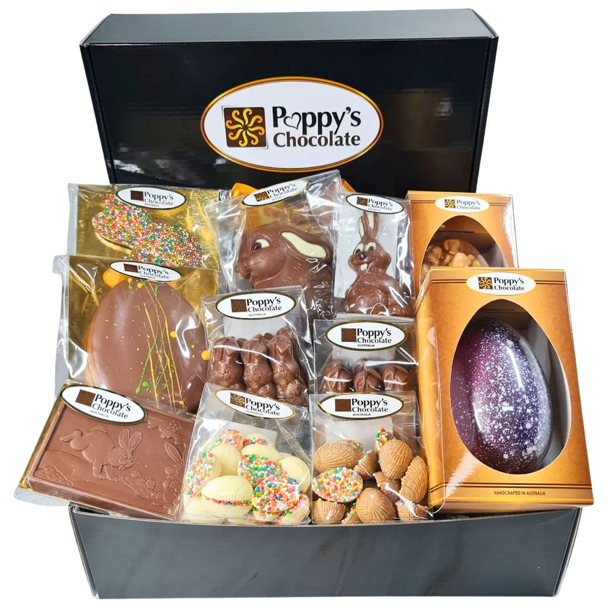 An assortment of Poppys Chocolates in Poppy's Black Hamper Box. The selection includes various Easter Chocolates from Easter Eggs to Easter Bunnies.
