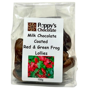 Poppy's Chocolate Coated Lollies. Red and Green Lollies coated in Poppy's Milk Couverture chocolate.