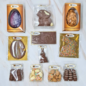 An assortment of Poppys Chocolates. The selection includes various Easter Chocolates from Easter Eggs to Easter Bunnies.