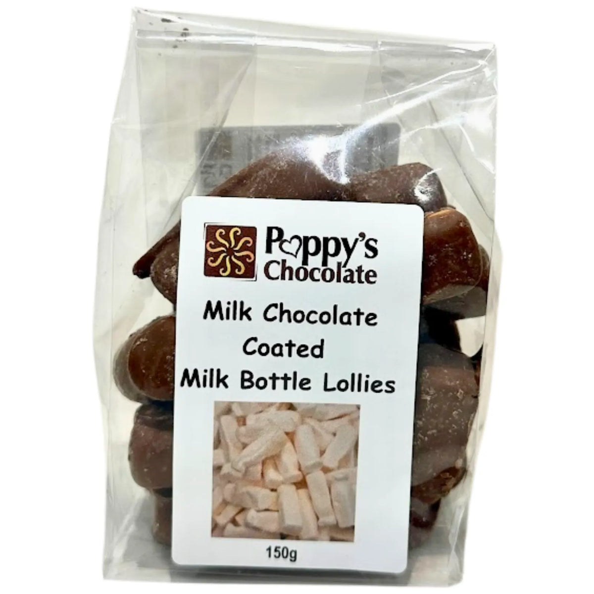 Poppy's Chocolate Coated Lollies. Milk bottle Lollies coated in Poppy's Milk Couverture chocolate.