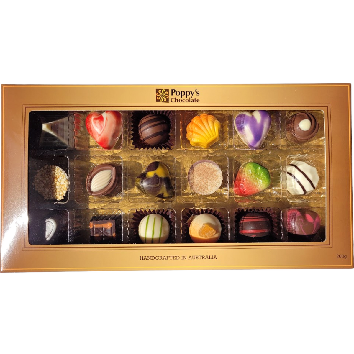 A Gift Box of 18 gourmet chocolates from Poppy&#39;s Chocolate, featuring an assortment of handcrafted pieces in various shapes and colors such as hearts, swirls, and stripes, elegantly arranged in a gold-bordered tray. The label proudly states &quot;Handcrafted in Australia.
