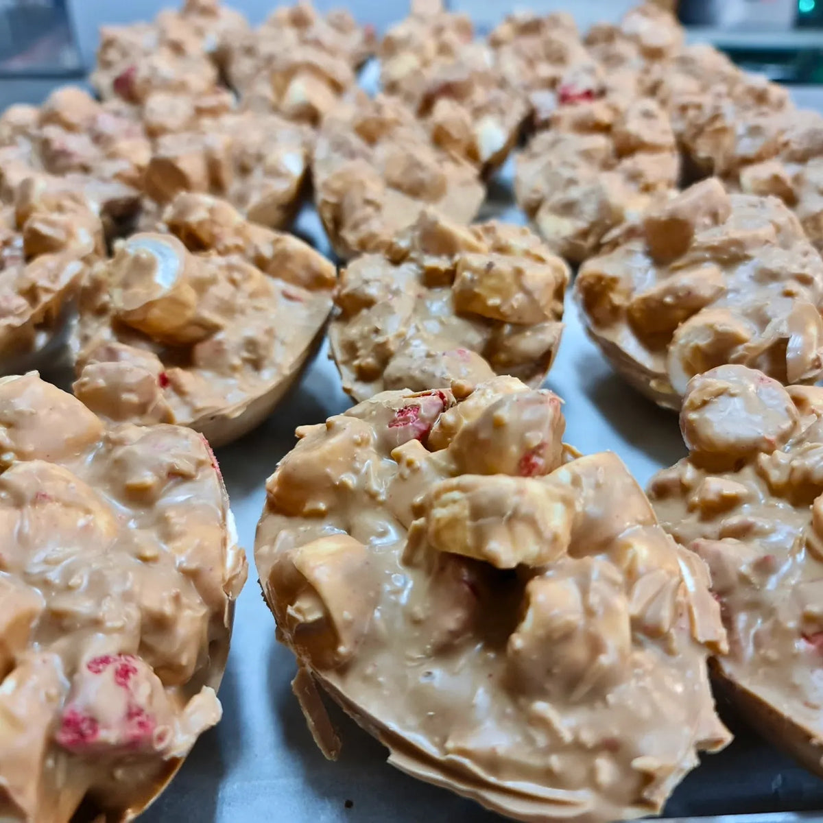 Poppy's Chocolate Rocky Road Easter Egg Caramel Chocolate Strawberry Almond