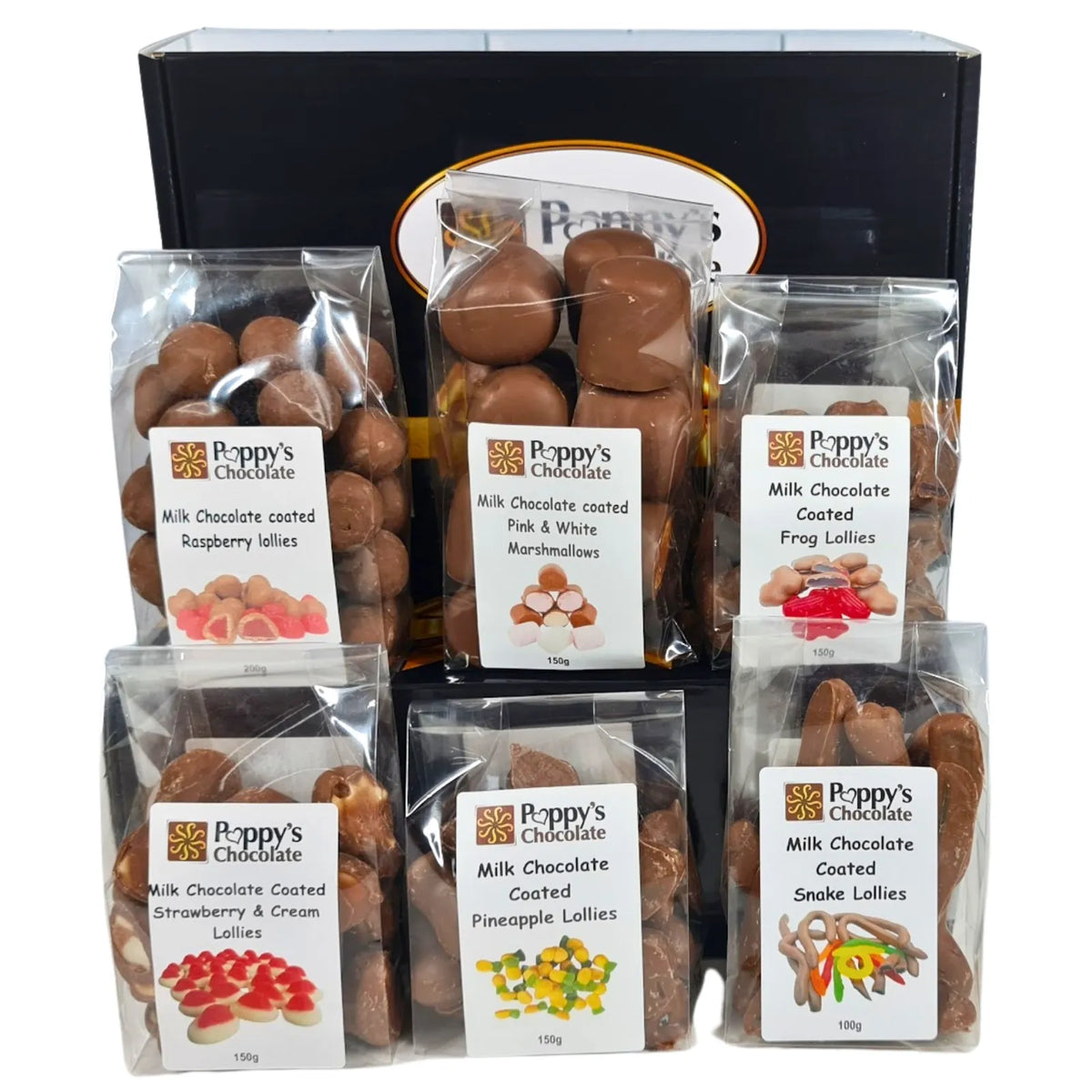 Poppy's Chocolate dipped delight box with delicious lollies coated in couverture Milk Chocolate.