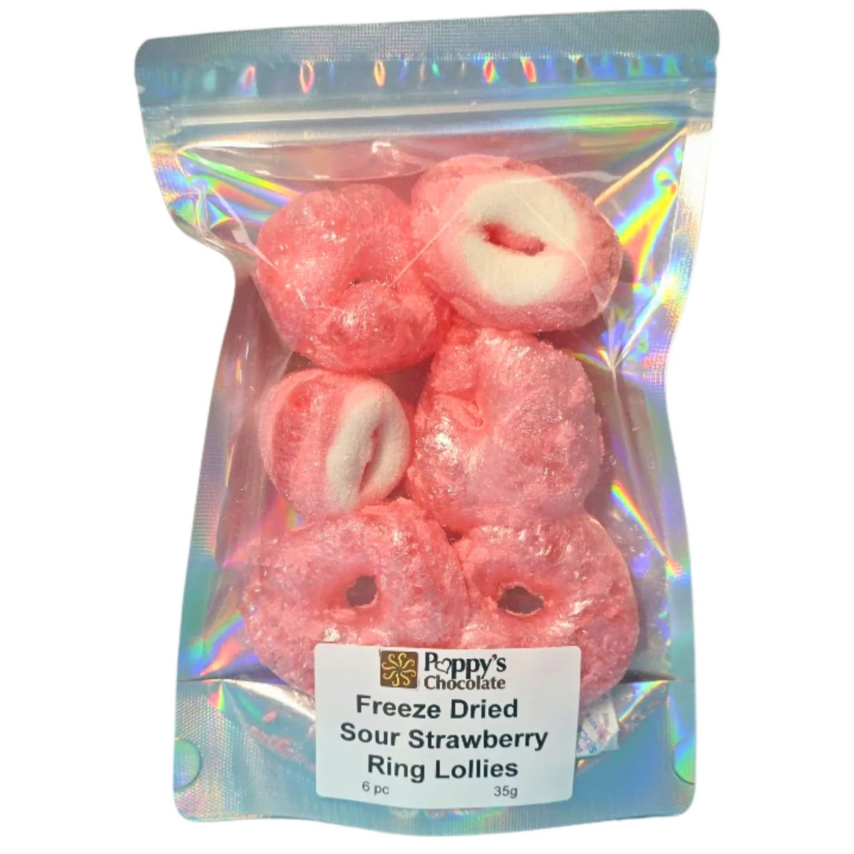 Poppy’s Chocolate freeze-dried sour strawberry ring lollies served as a fun crunchy snack