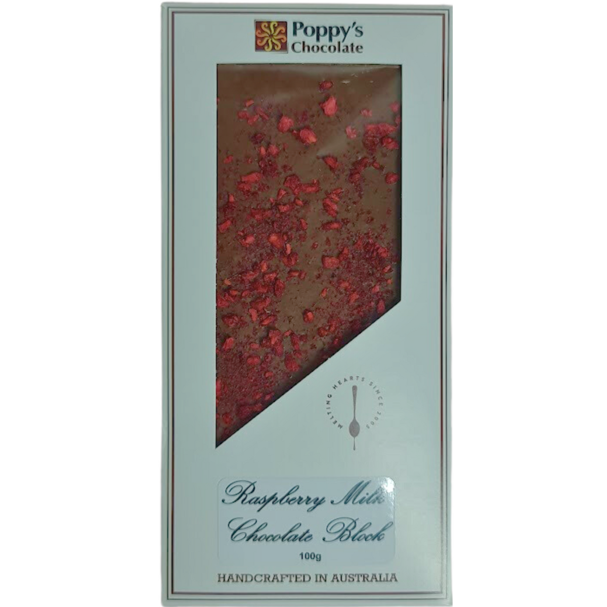 Raspberry and milk chocolate block 100g - Poppys Chocolate
