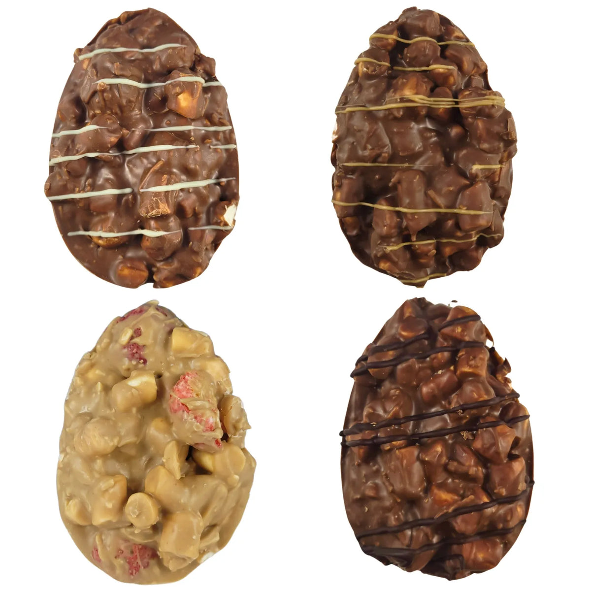 A collection of four different flavoured Rocky Road Easter eggs, each with a mix of chocolate and nuts, arranged side by side.