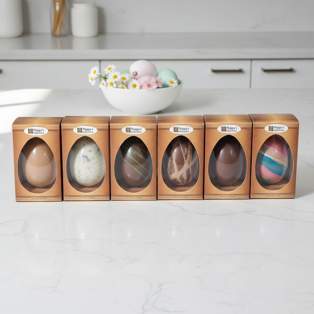Six easter eggs in boxes with windowed lids on a white countertop, with a bowl of Easter eggs in the background.